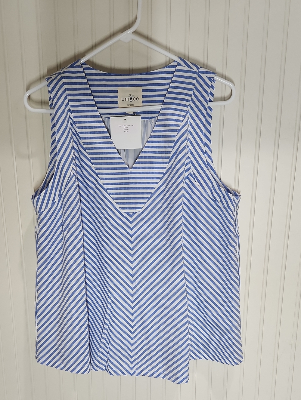 Umgee Blue and White Striped V-Neck Sleeveless Top
